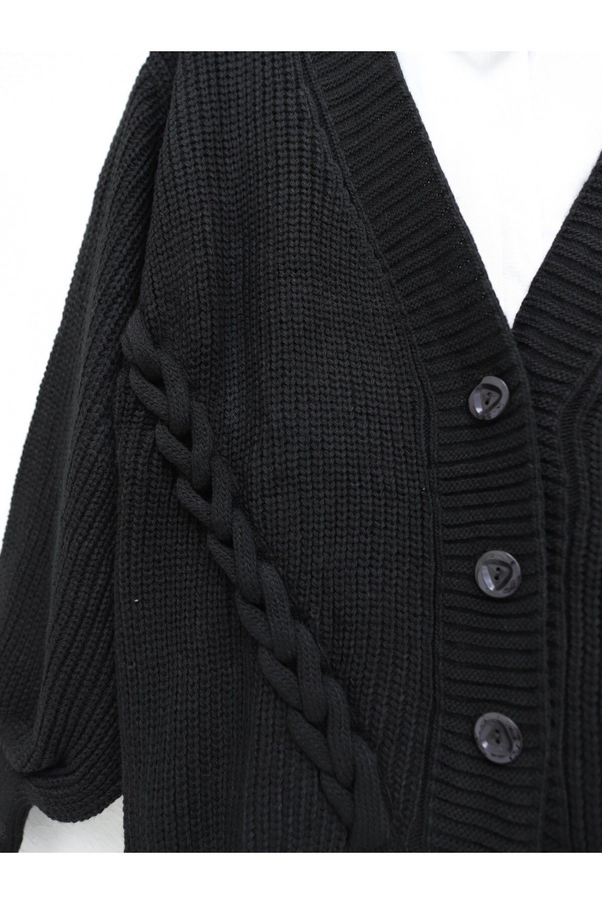 Modamorfo-Black Buttoned Chain Knit Detailed Cardigan 3