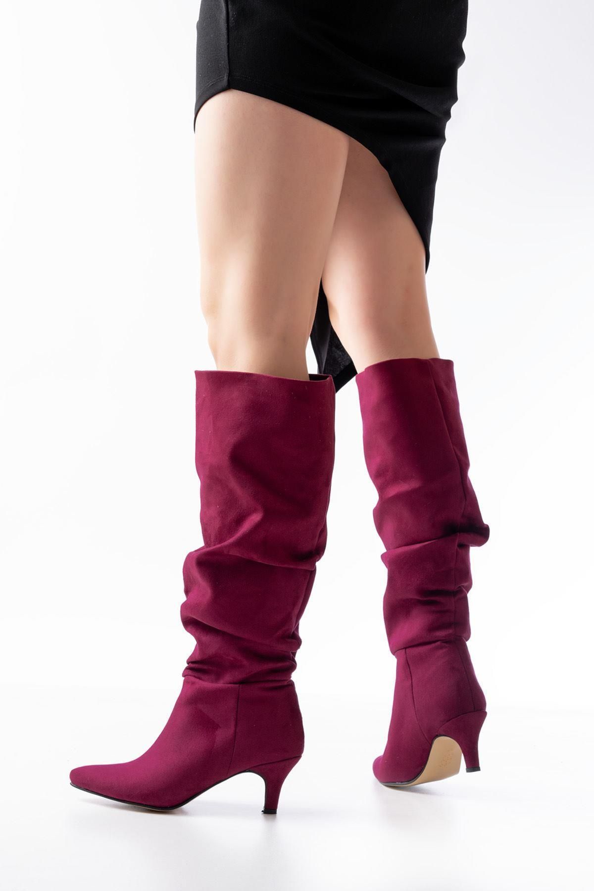 Aymood-Sr-2001 Burgundy Suede Thin Heeled Daily Boots 3