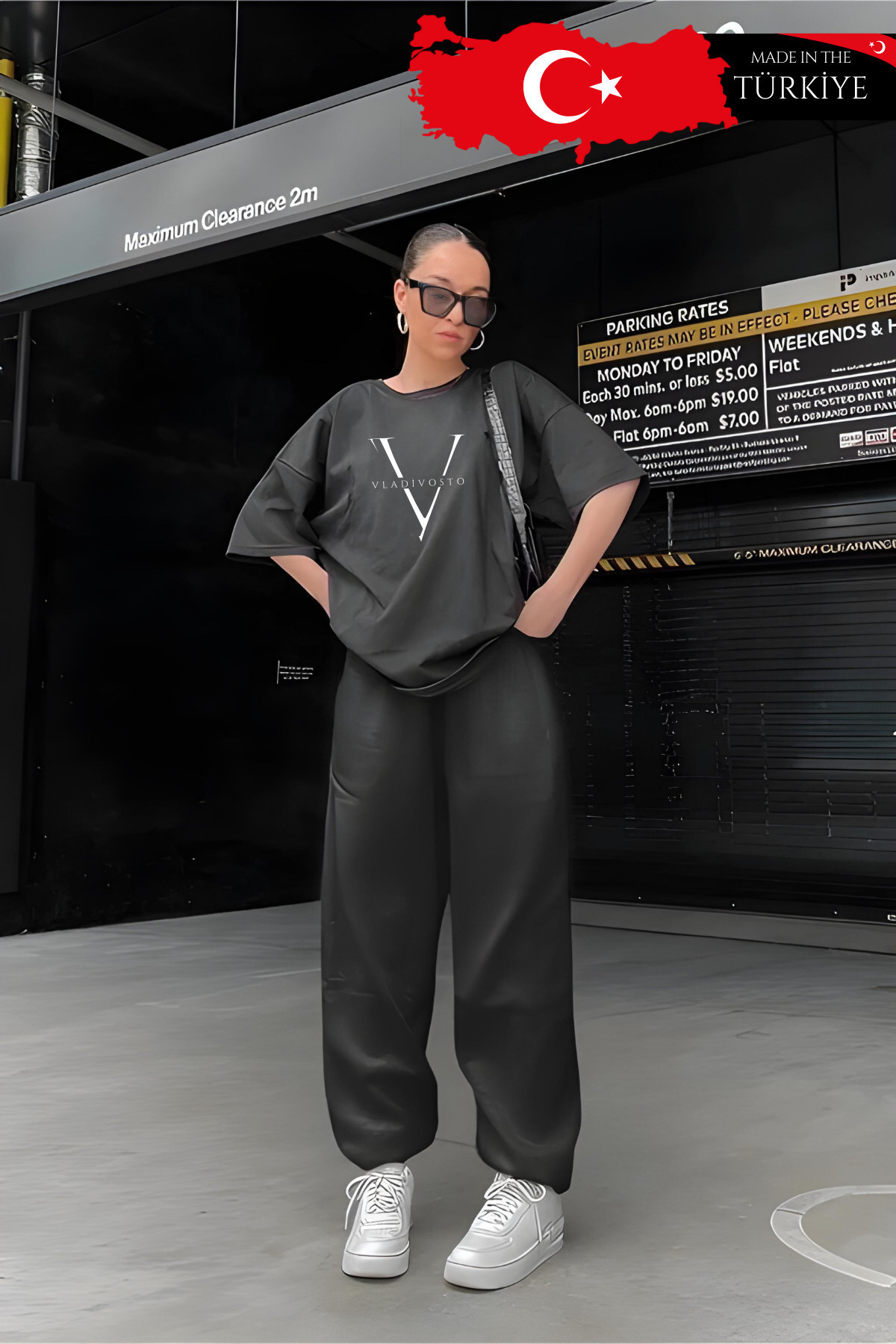 vladivosto  İki Iplik Yazlık Bol Kalıp Büyük Beden Gri Siyah Kadın Yüksek Bel Baggy Oversize Eşofman Altı Jogger - Görsel 6