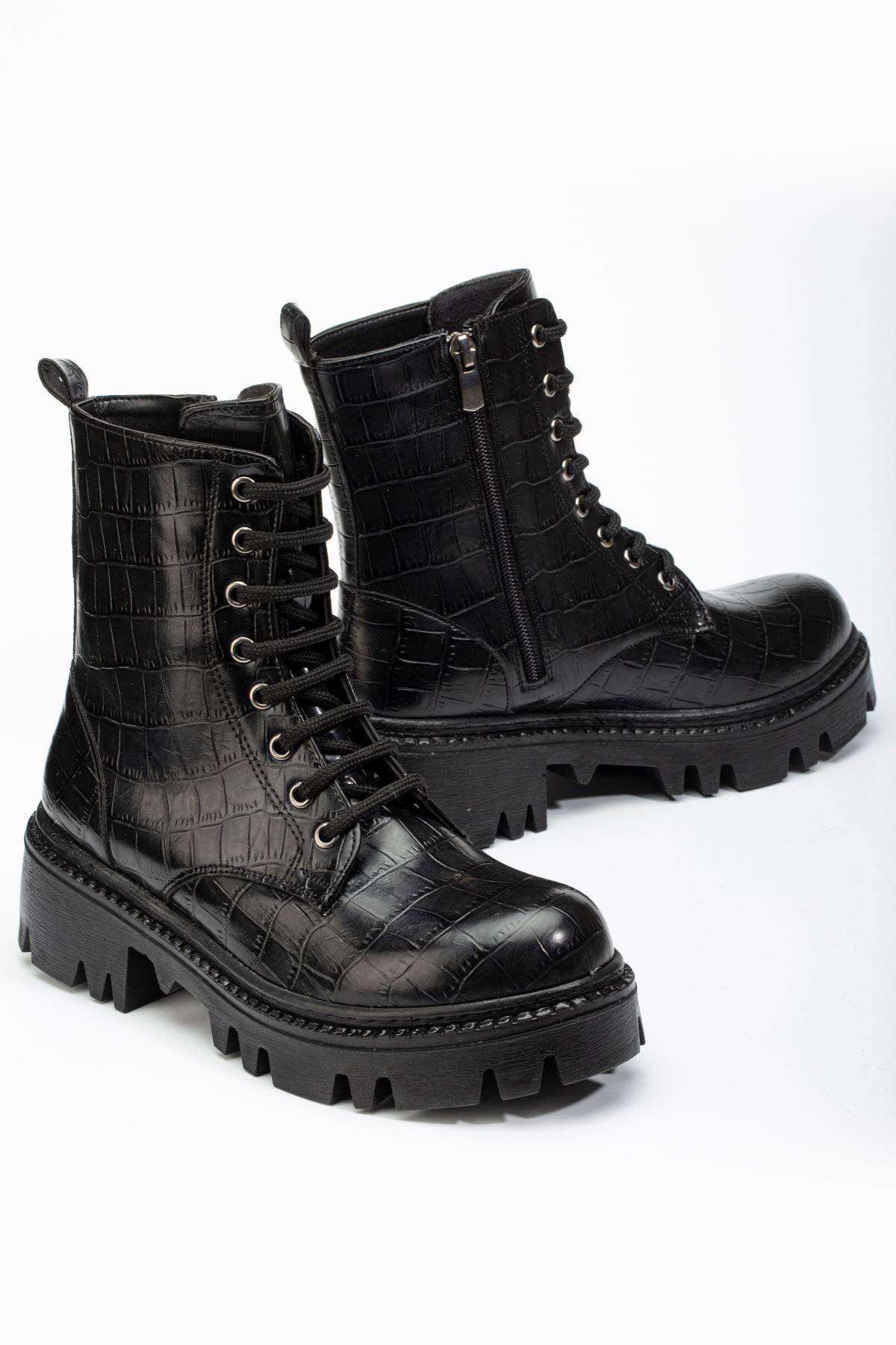 ASFSTORE 868-2289 Siyah Kroko Bağcıklı Fermuarlı Günlük Kadın Bot