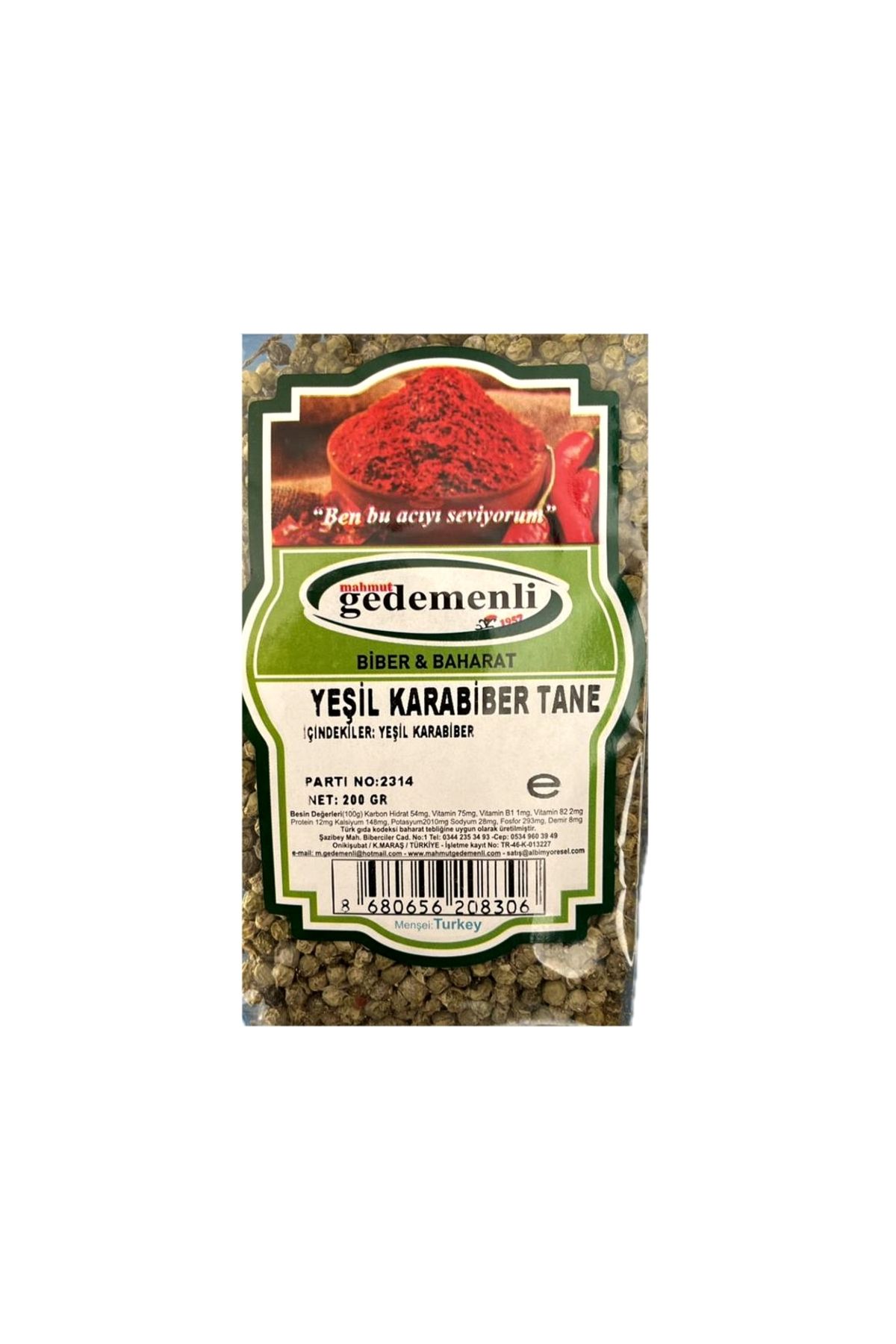 GEDEMENLİ YEŞİL KARABİBER TANE 200 GR