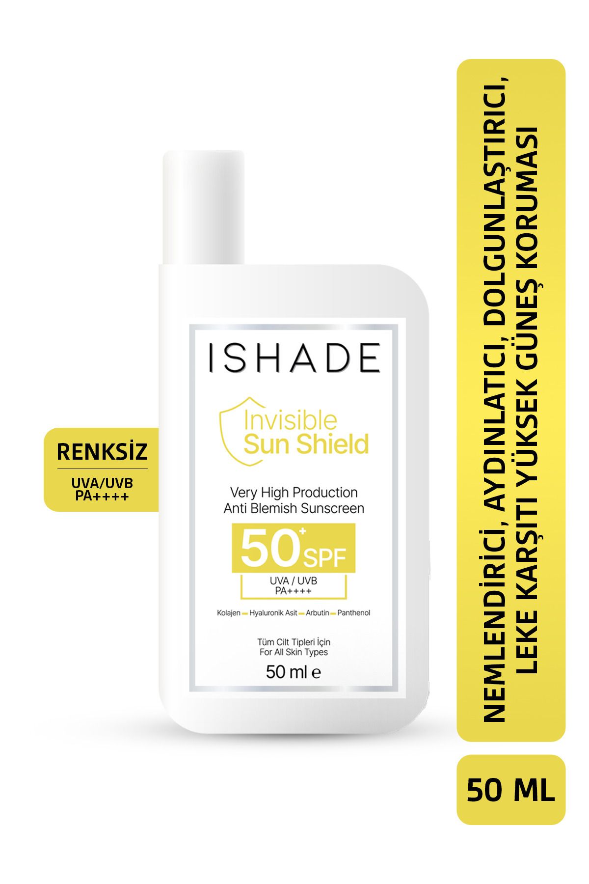 ISHADE Spf50+ Leke Karşıtı , Cilt Tonu Eşitleyici Ve Yaşlanma Karşıtı Yüksek Korumalı Güneş Kremi 50 Ml