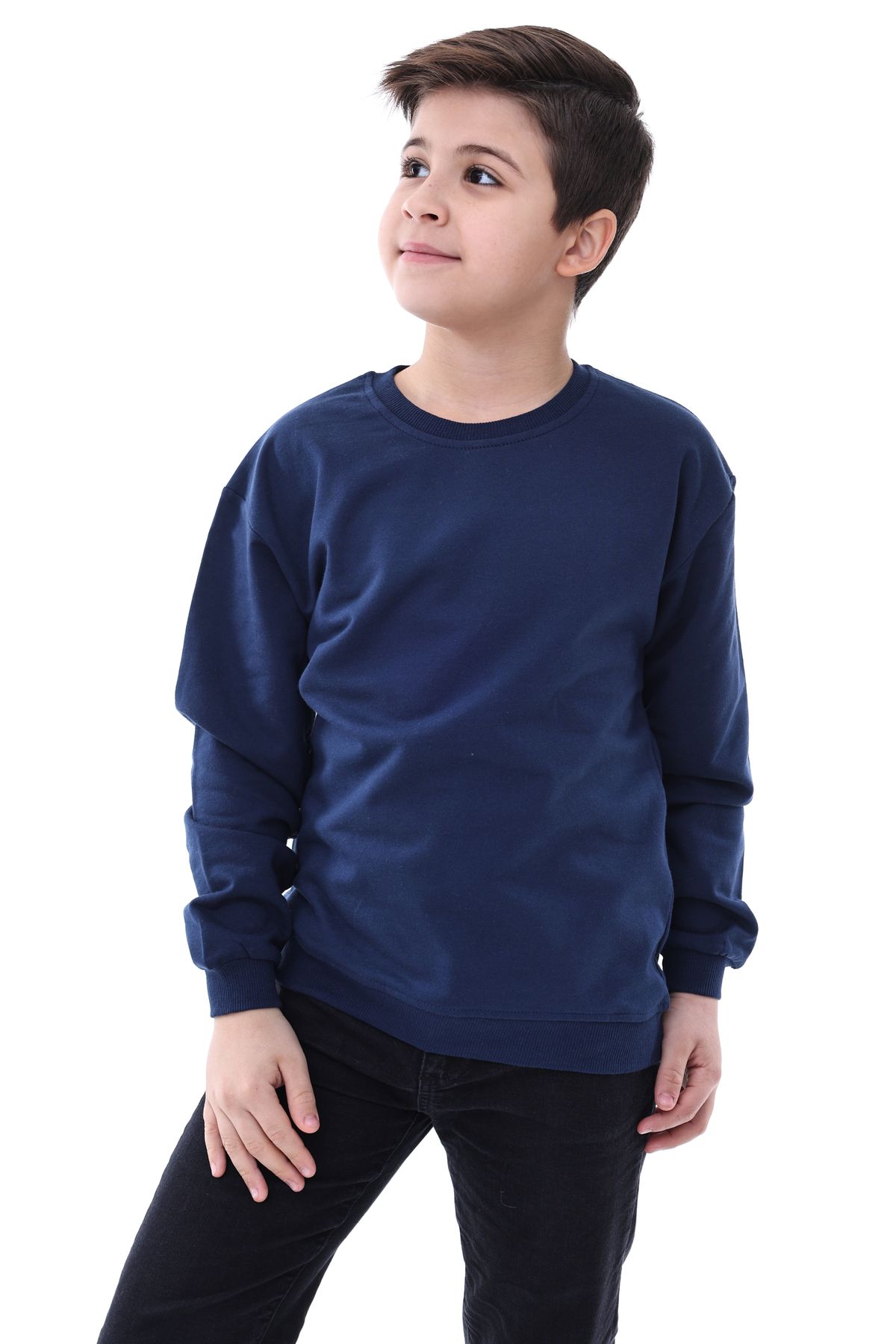 Unisex Basic Bisiklet Yaka Şardonlu Çocuk Sweatshirt 3-10 Yaş Lacivert