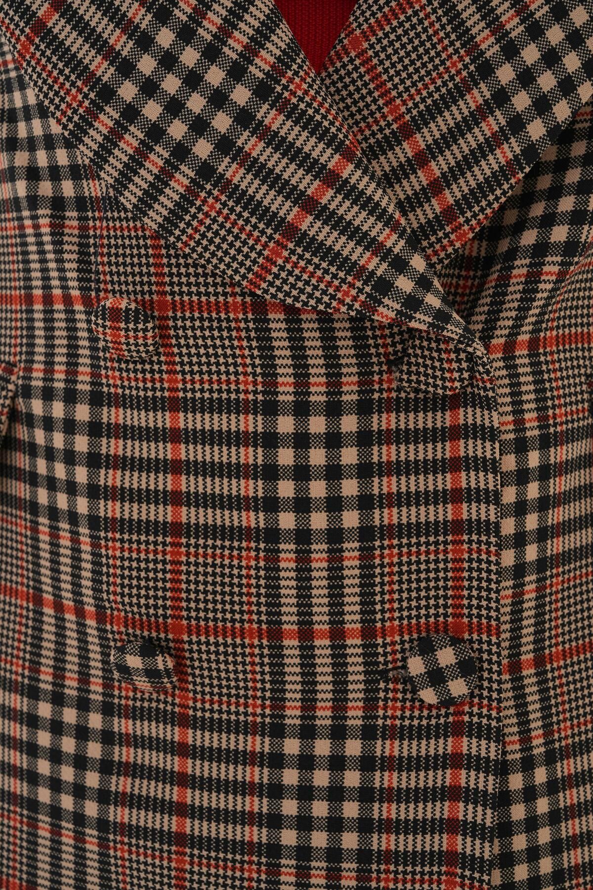 VAPUR TEKSTİL-Plaid Blazer Jacket with Padded Shoulders and Snaps on the Front - Red 8