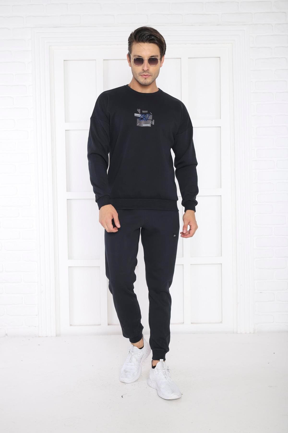 ست گرمکن ورزشی مردانه سرمهای آبی 3 نخ تنفس SLIMFIT SWEAT TRACKSUIT تیم 3079 Escetic