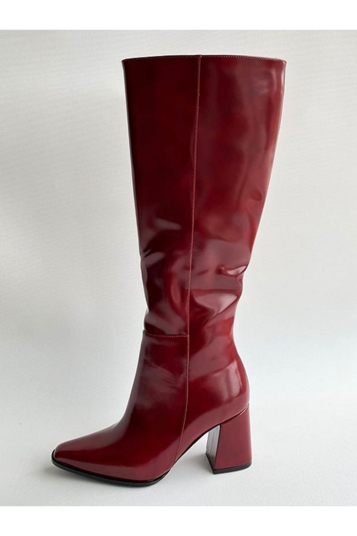 چکمه های پاشنه کم چرمی تمام مدل بسیار شیک Claret Red Patent Leather