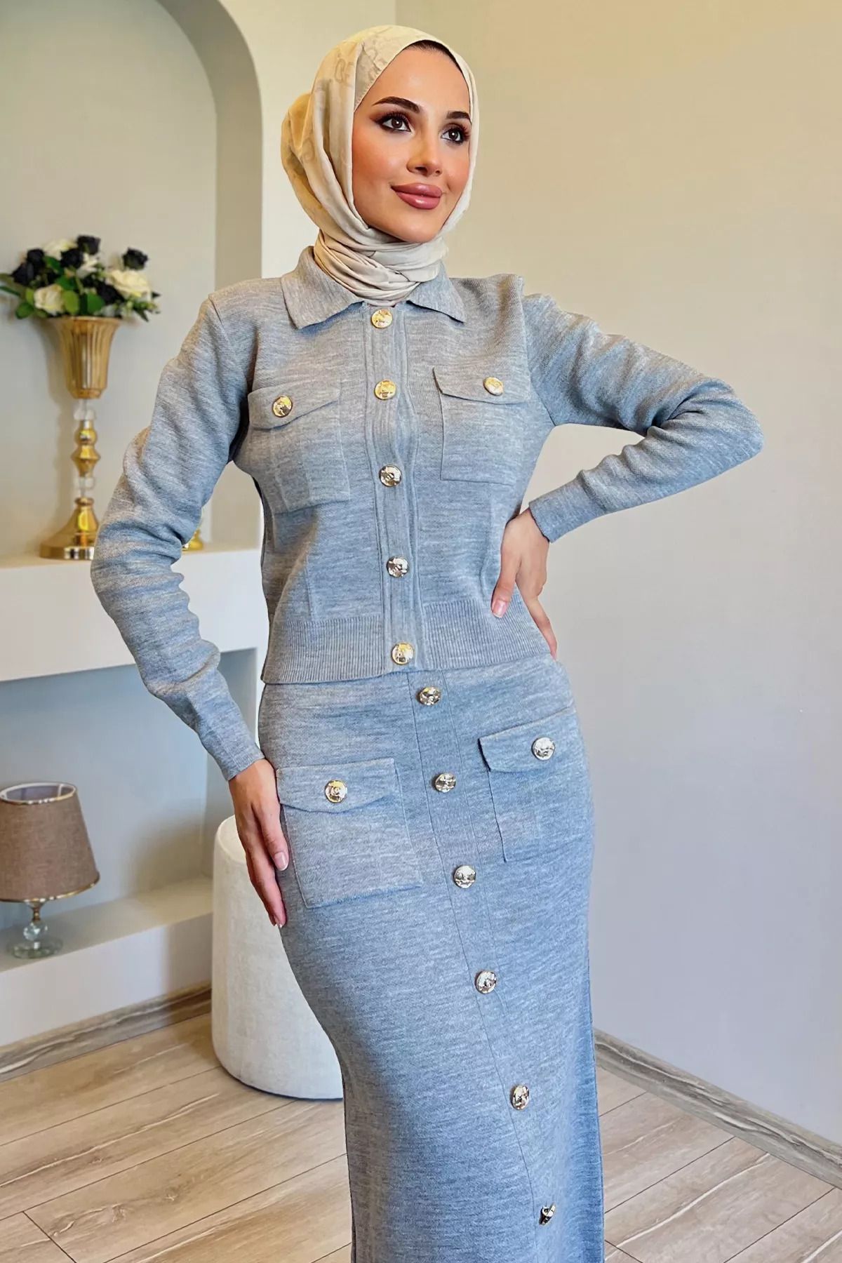 julude-Gray Button Detailed Cardigan Skirt Hijab Knitwear Double Set 7