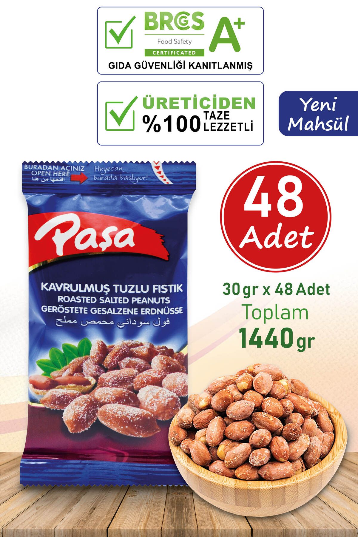 Paşa Kuruyemiş Kavrulmuş Tuzlu Yer Fıstığı 30 gr X 48 Adet (NATUREL 1. KALİTE)