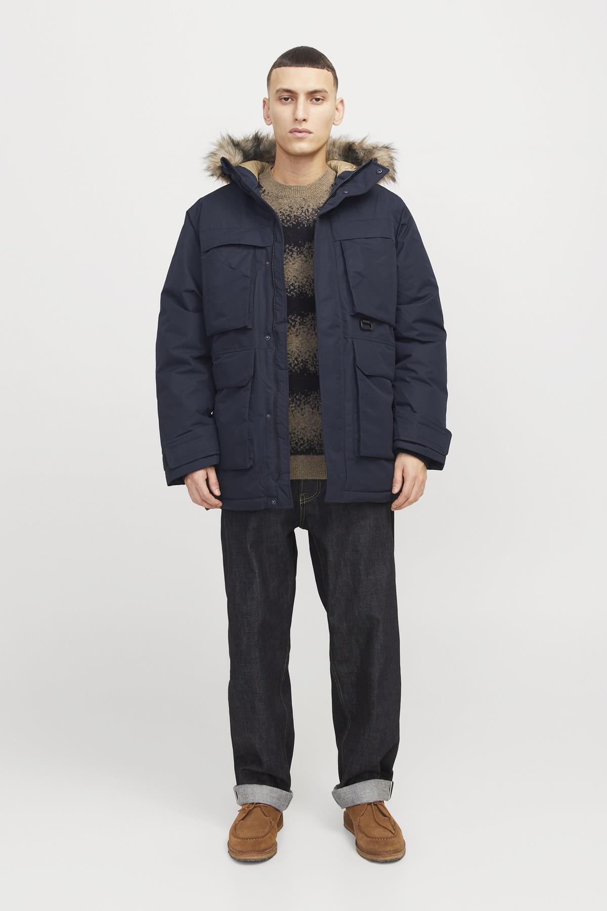 کاپشن مردانه کلاه دار خز مصنوعی ضد باد - ستاره جک اند جونز کاپشن Jack & Jones