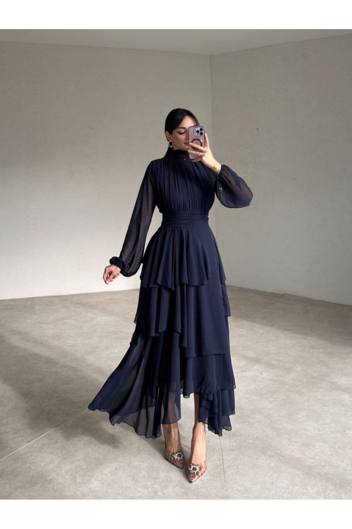 Afiş Butik  Şifon Kat Kat Etekli Tül Kollu Piliseli Elbise - Görsel 4