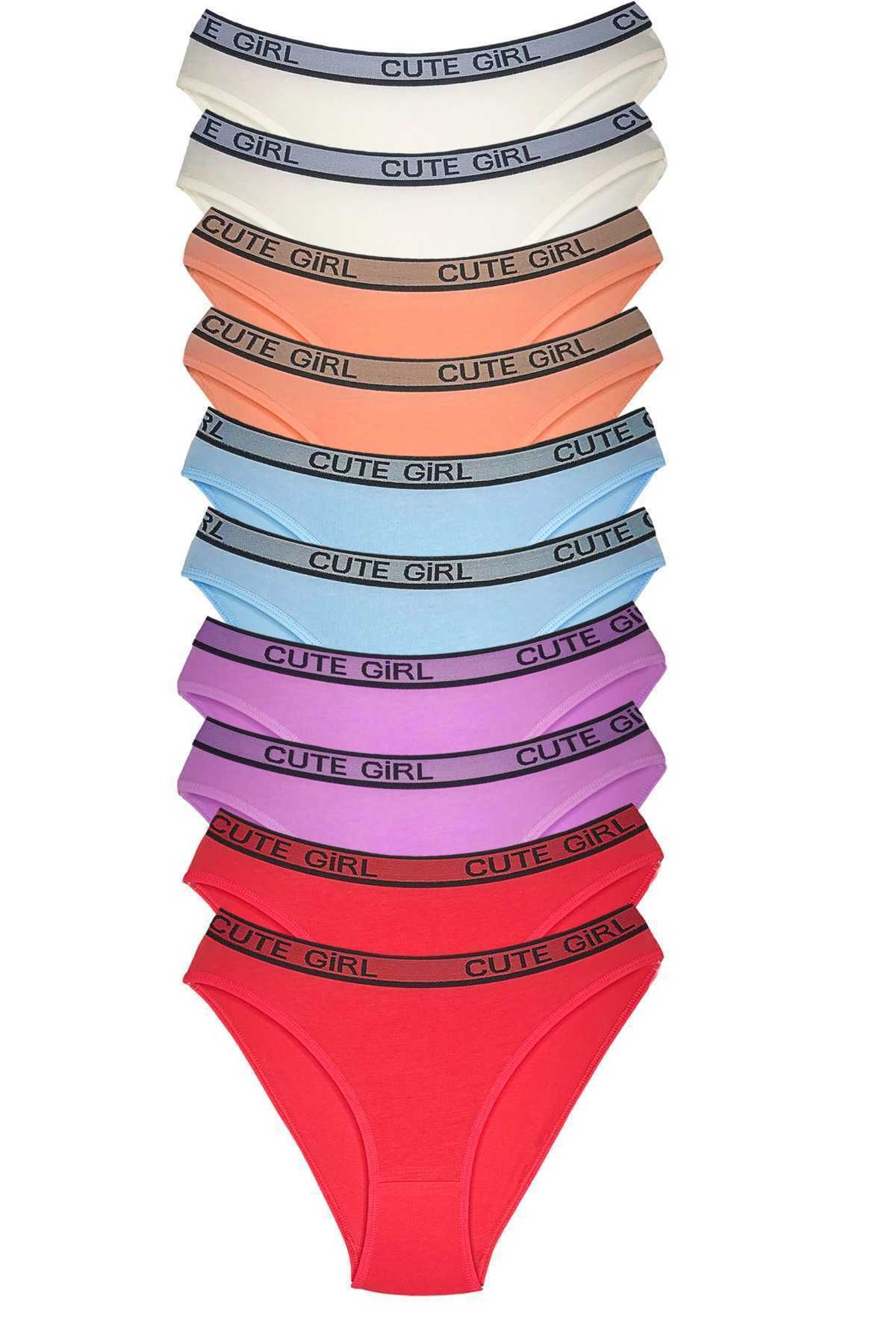 Mu Art 10 Adet Beli Yazılı Pamuklu Kalın Lastik Kadın Slip Külot