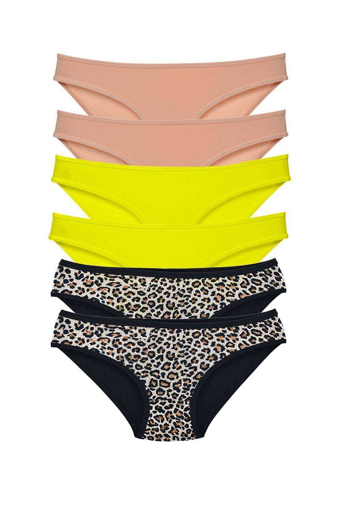 Mu Art 6 Adet Likralı Kadın Slip Külot Leopar Ten Sarı