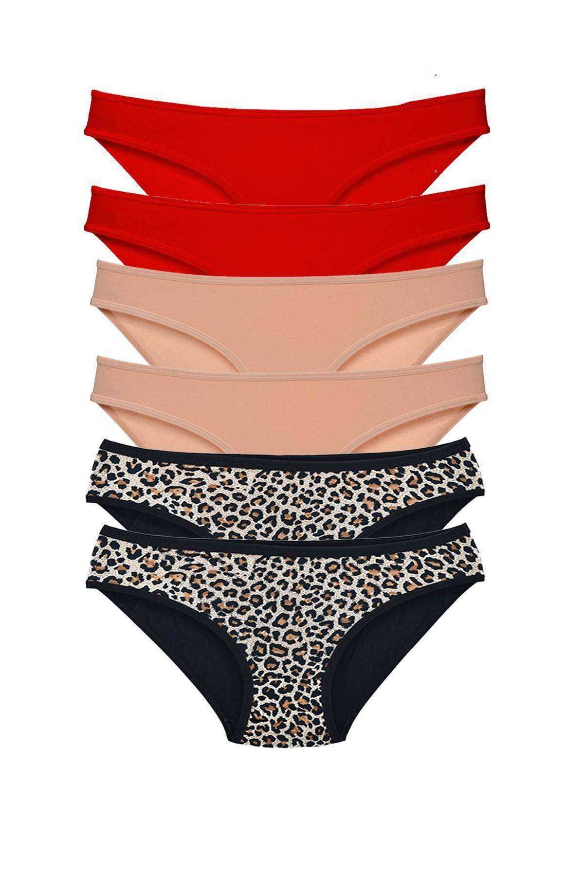 Meleners 6 Adet Likralı Kadın Slip Külot Leopar Kırmızı Ten