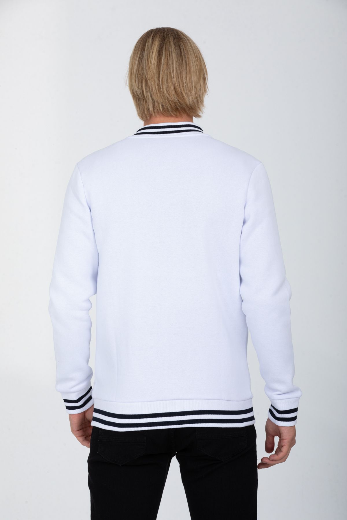 DYNAMO-Men's White College Collar Bomber Regular/Normal Cut Ribbed Inside Cotton Cardigan Sweatshirt 6752 4