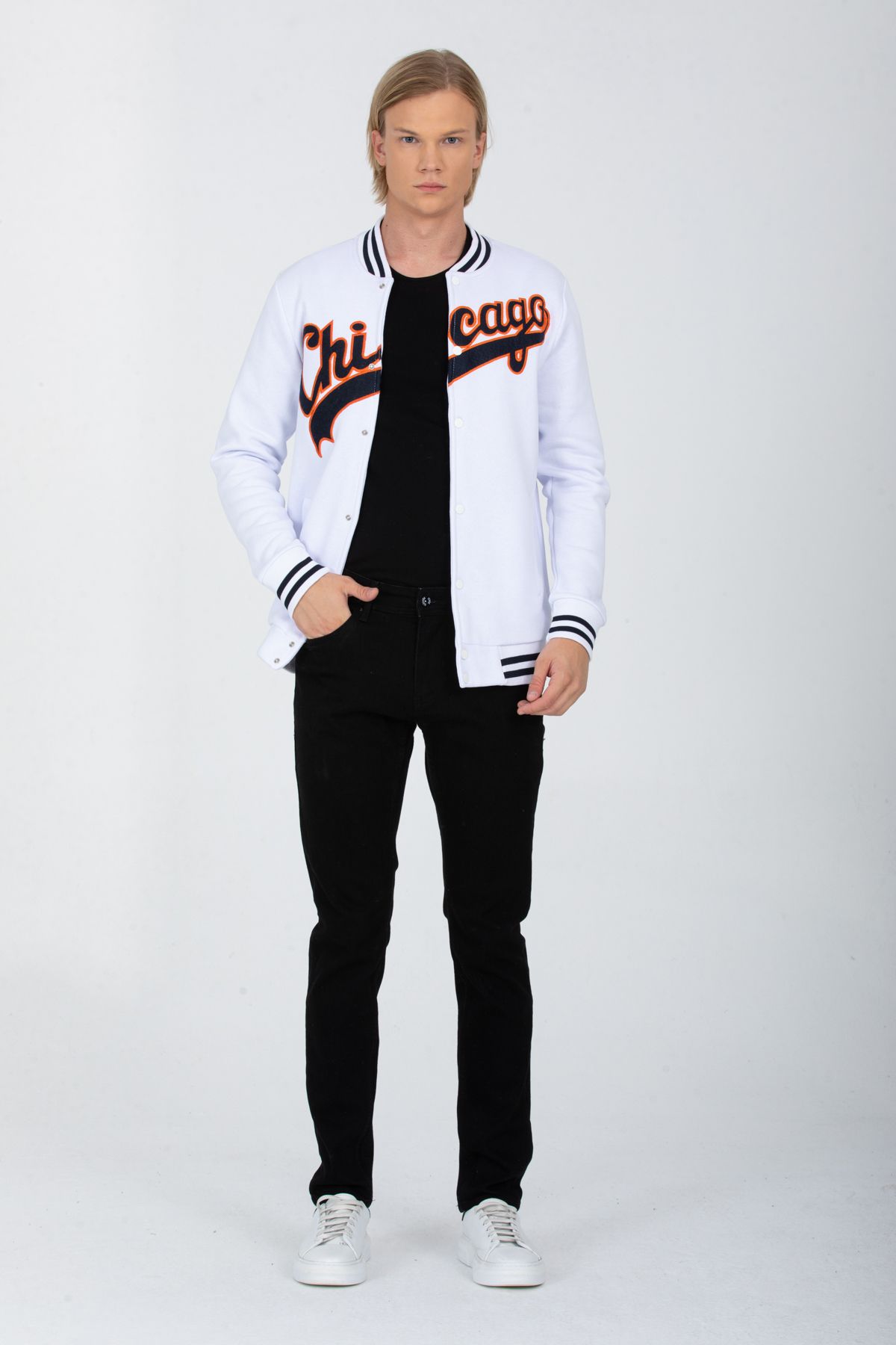DYNAMO-Men's White College Collar Bomber Regular/Normal Cut Ribbed Inside Cotton Cardigan Sweatshirt 6752 3