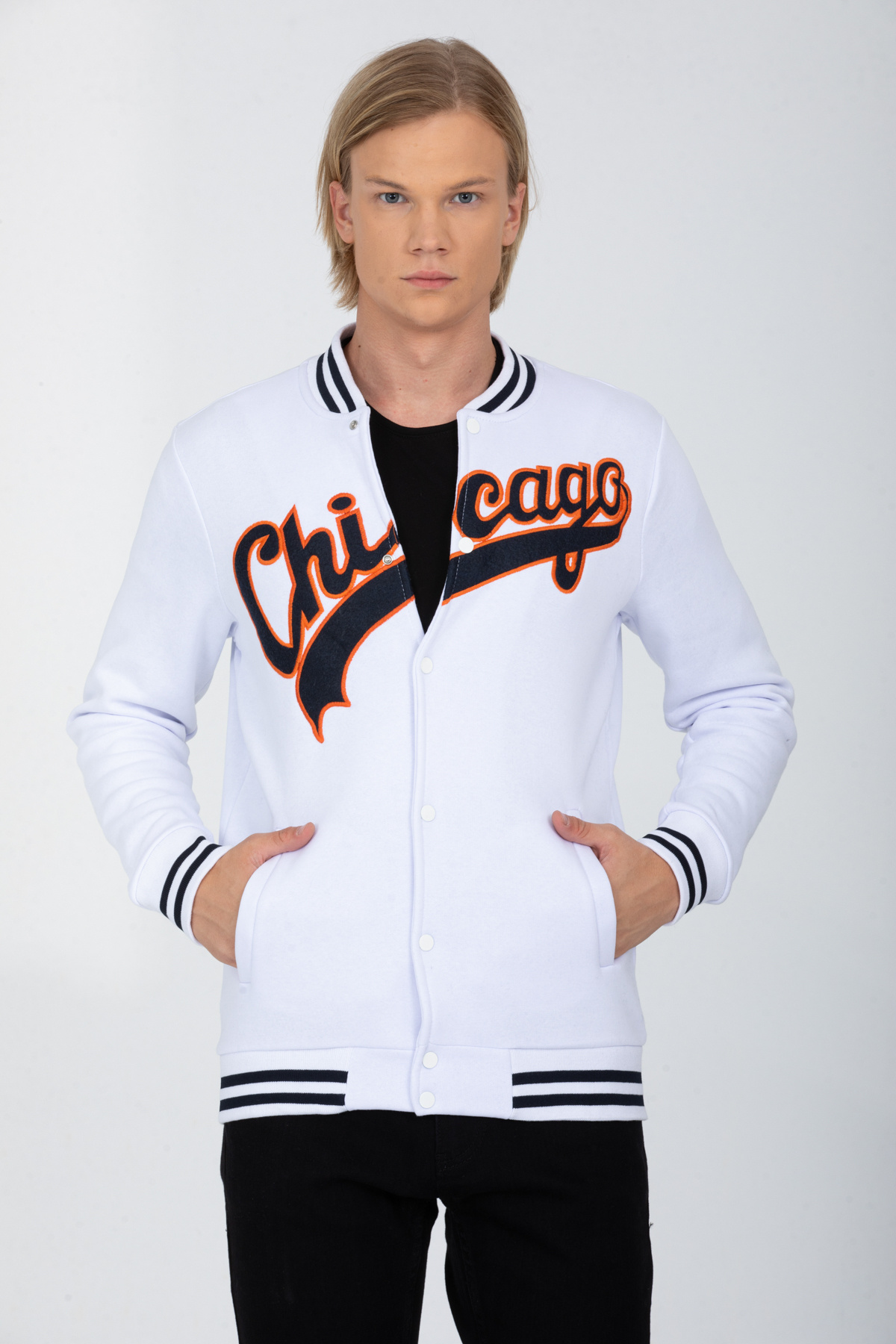 DYNAMO-Men's White College Collar Bomber Regular/Normal Cut Ribbed Inside Cotton Cardigan Sweatshirt 6752 2