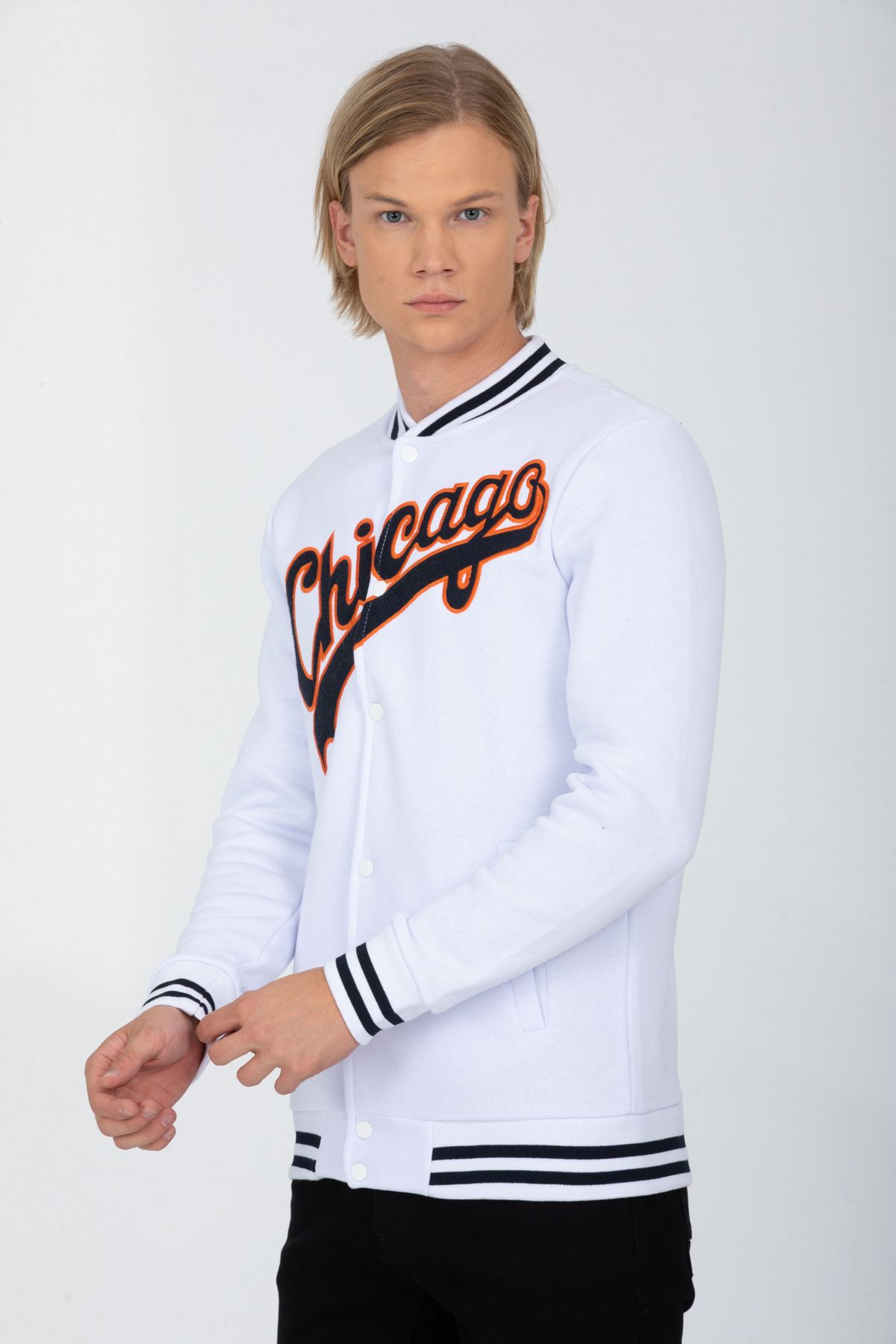 DYNAMO-Men's White College Collar Bomber Regular/Normal Cut Ribbed Inside Cotton Cardigan Sweatshirt 6752 7