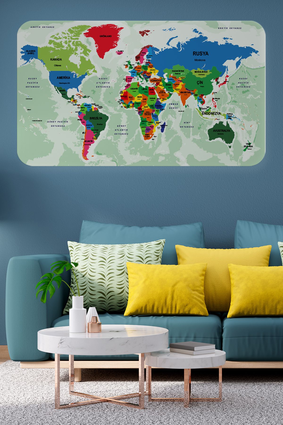 Haye Collection Türkçe Eğitici Ülke ve Başkent Okyanus Detaylı Atlası Dünya Haritası Duvar Sticker -60x105-3840