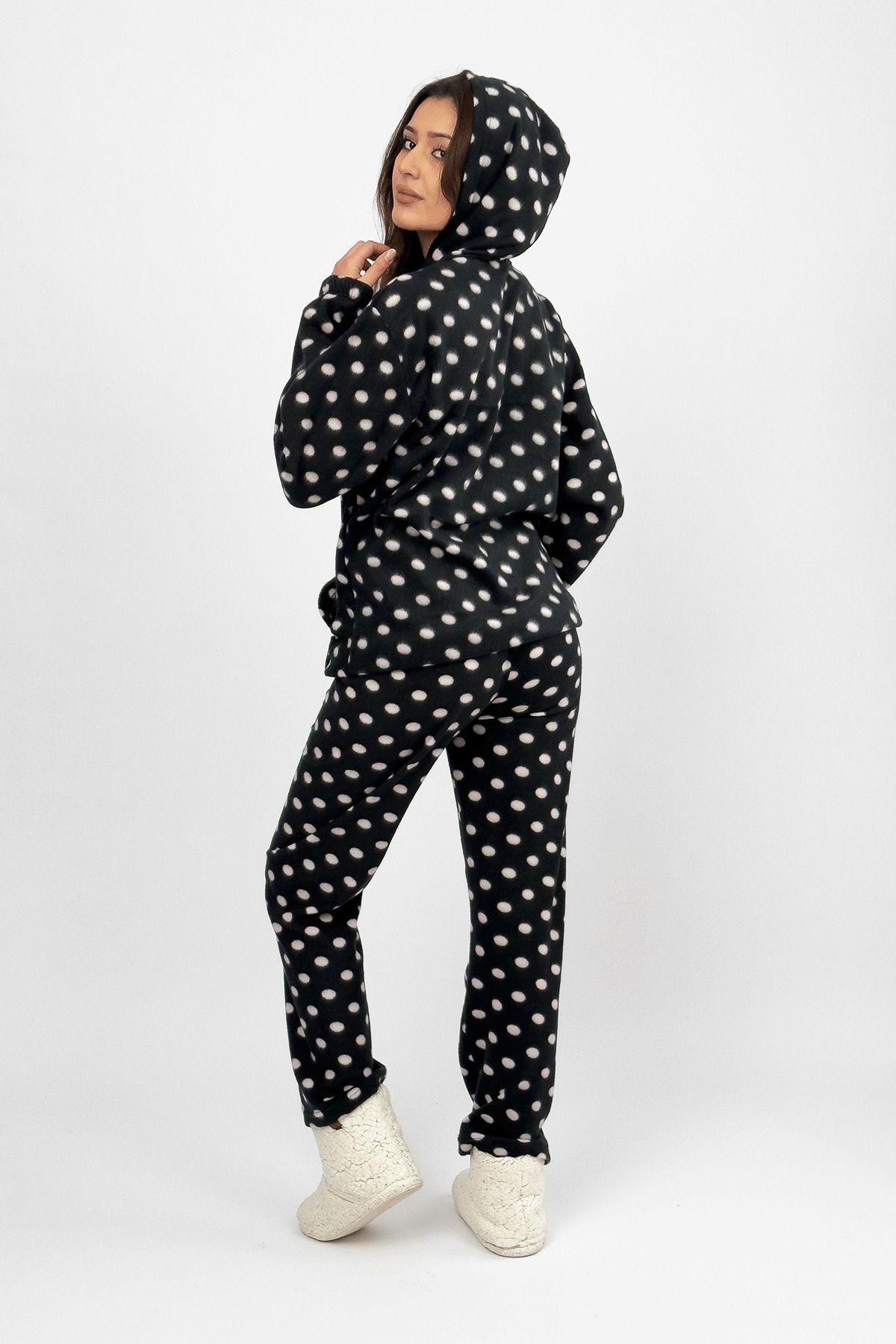 Betimoda-Winter Women's Pajamas Set - Fleece Black and White Polka Dot with Waist Hood and Elastic 6