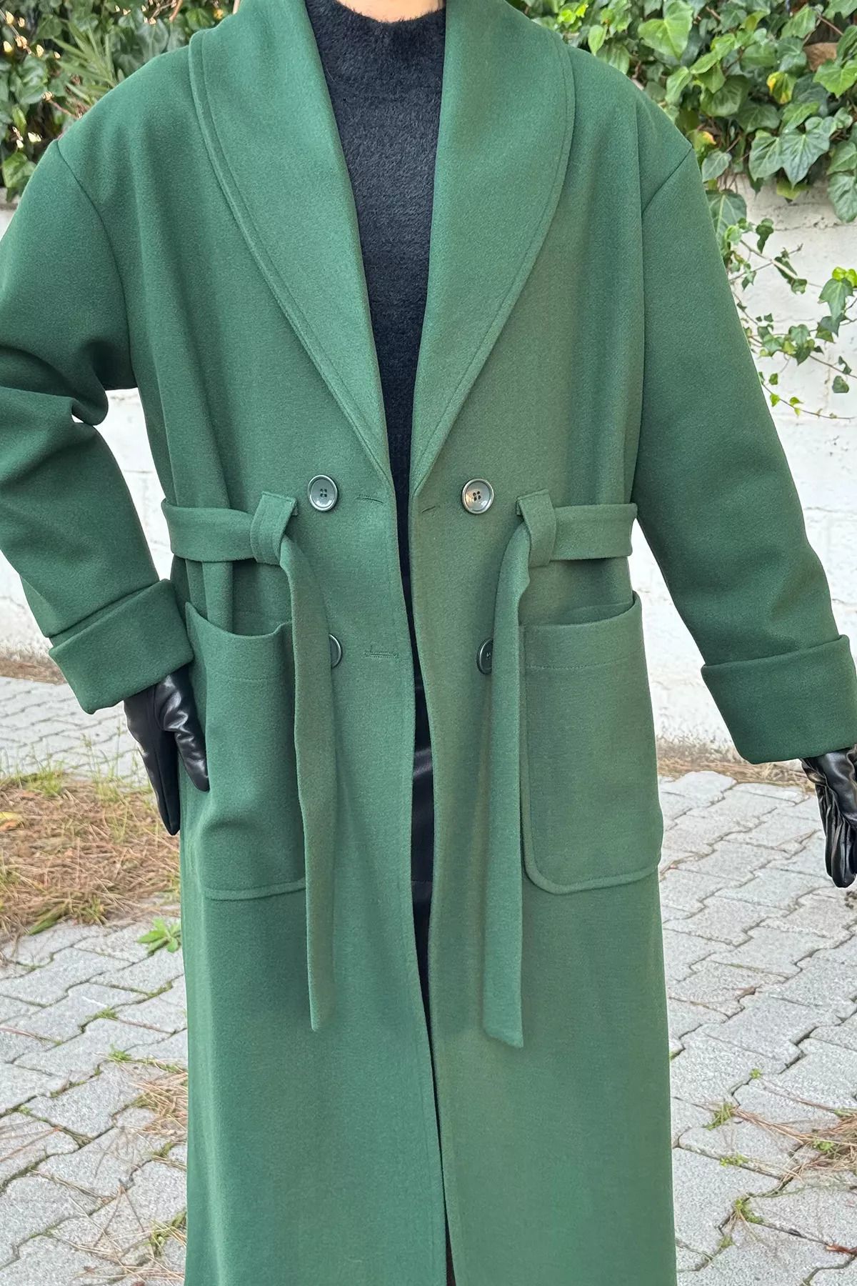 GÜLSELİ-Emerald Green Lined Women's Stitched Coat with Waist Belt 3