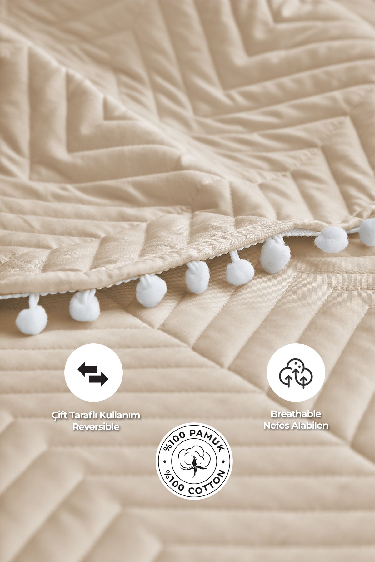 Evlen Home Collection-100% Cotton Single Bedspread (Pique) Set with Pompom Open Cappuccino 5