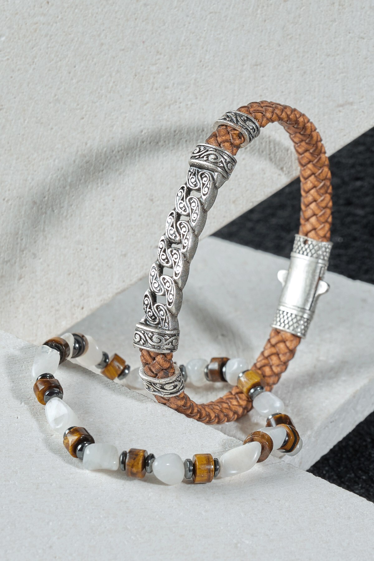 Ssilhoutte Doğaltaş-Positive Energy Bracelet - Genuine Leather & Brass Ka, Moonstone, Tiger Eye & Hematite Amorph Cut 1