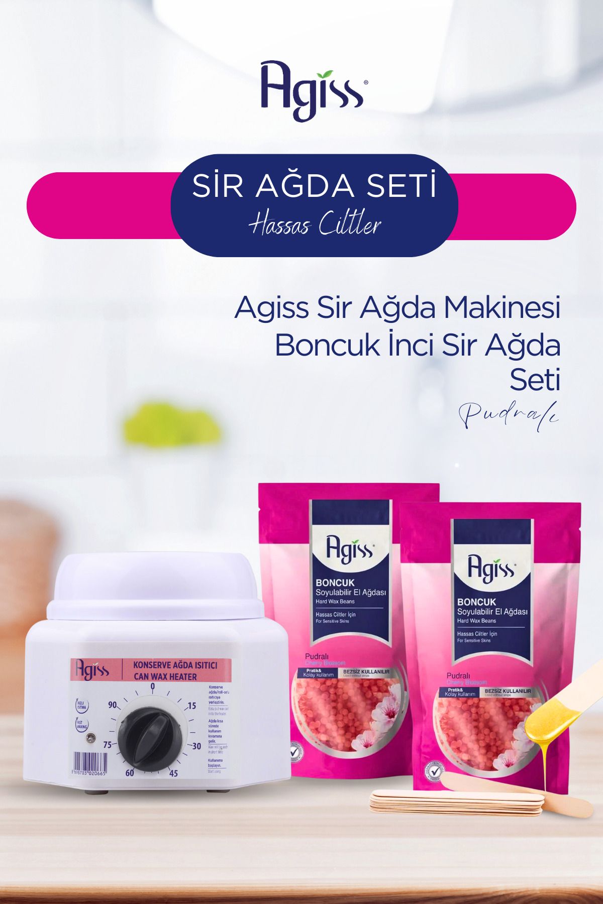 AGISS Sir Ağda Makinesi + 2 Adet Hassas Ciltler Için 220 Gr Boncuk Soyulabilir Inci El Ağda 5 Spatula Seti