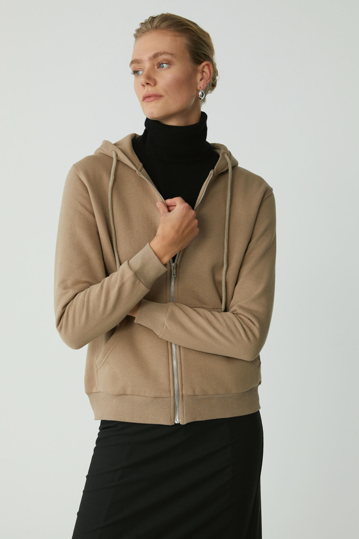 ETHIQUET  Cherısh Kadın Içi Polarlı Yumuşacık Kalın Kumaşlı Kapüşonlu Fermuarlı Vizon Sweatshirt - Görsel 3