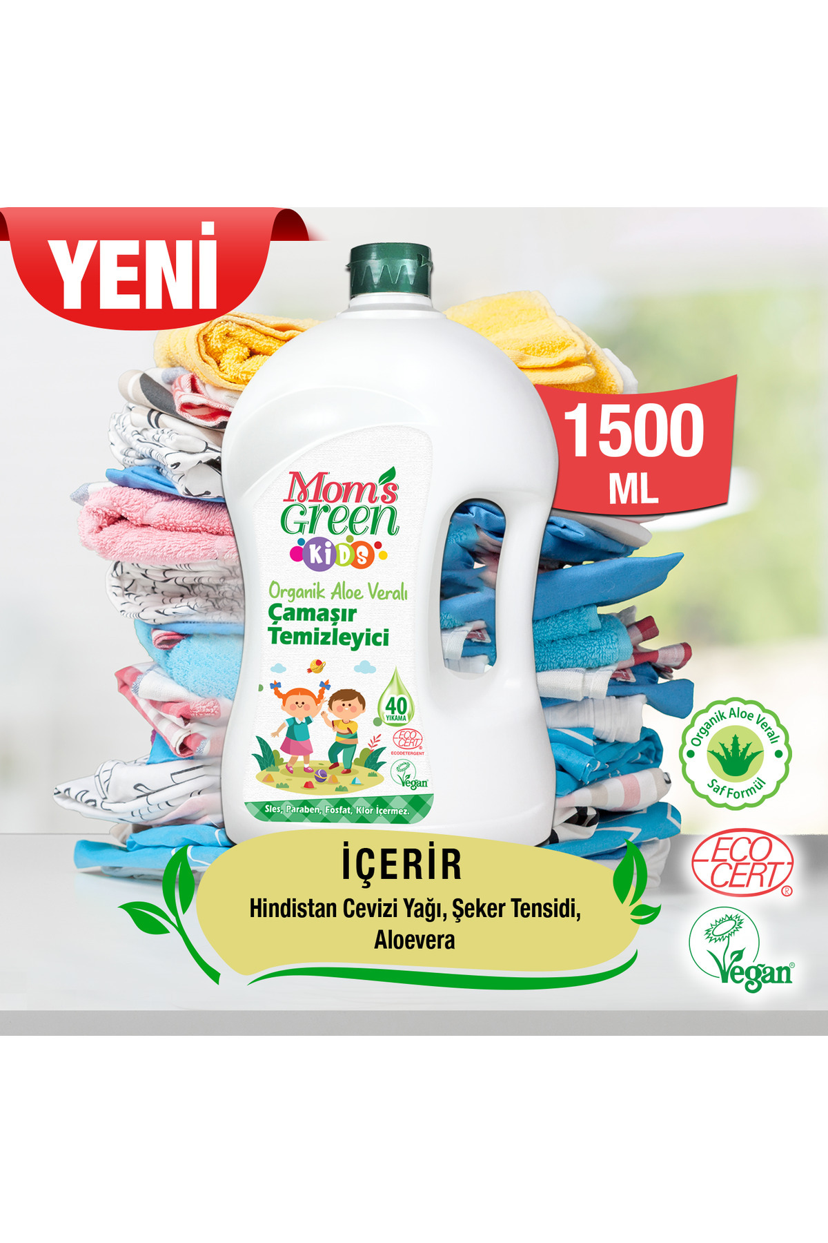 Mom's Green 1500 ml Kids Organik Çamaşır Temizleyici ve Beyazlar İçin Bitkisel Çamaşır Temizleyici Sabun Kokulu fotoğrafı 2 (önizleme)