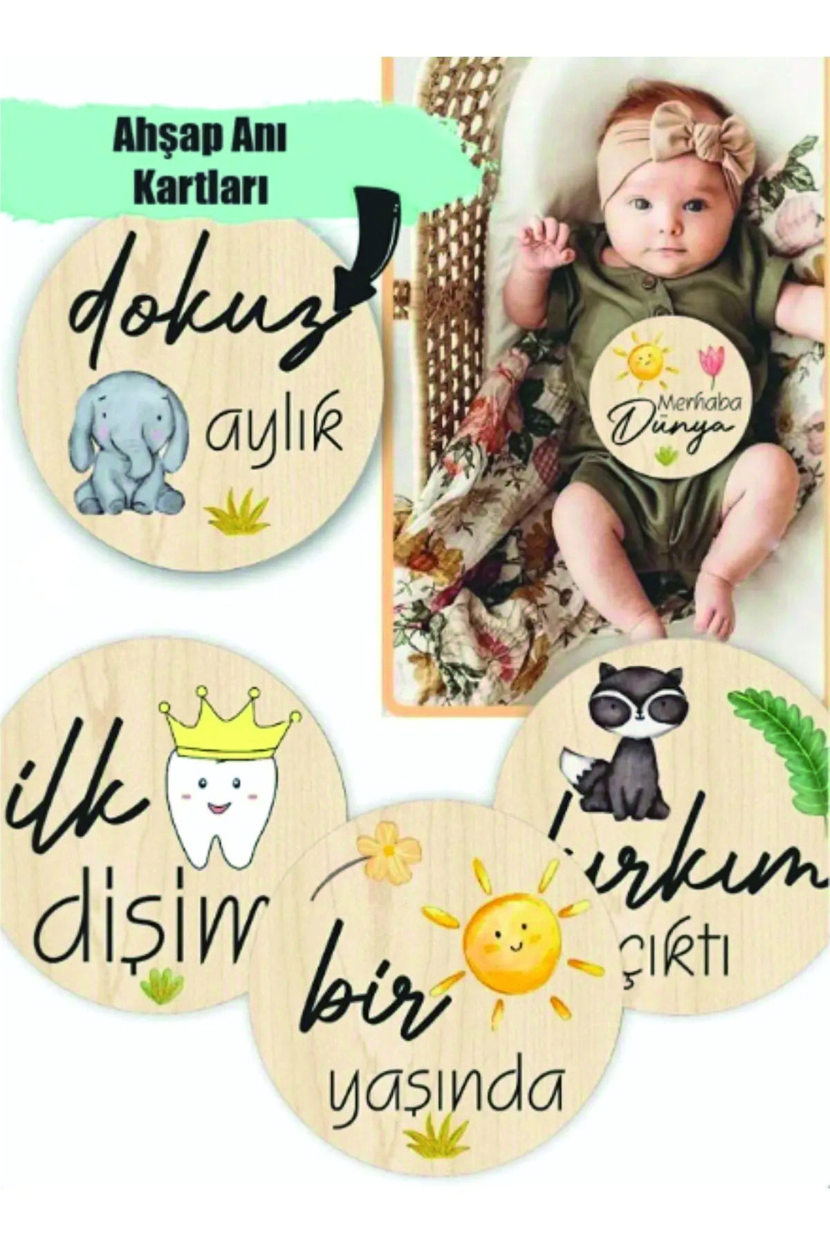 modabilge Shelife  Bebek Anı Kartı Seti Sevimli Hayvanlar Bebek Hatıra Kartları Renkli Ahşap fotoğrafı 2 (önizleme)