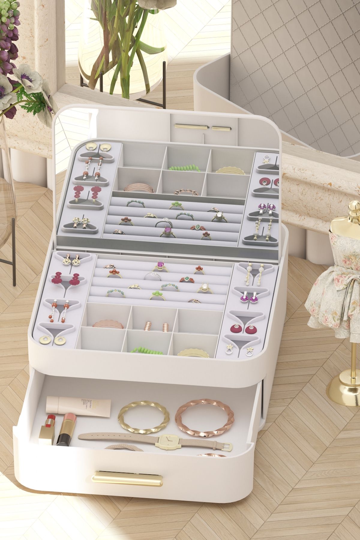 GİLLİ STORE-Multi-Compartment Makeup Organizer Jewelry Multipurpose Organizer with Drawers Mirror 7