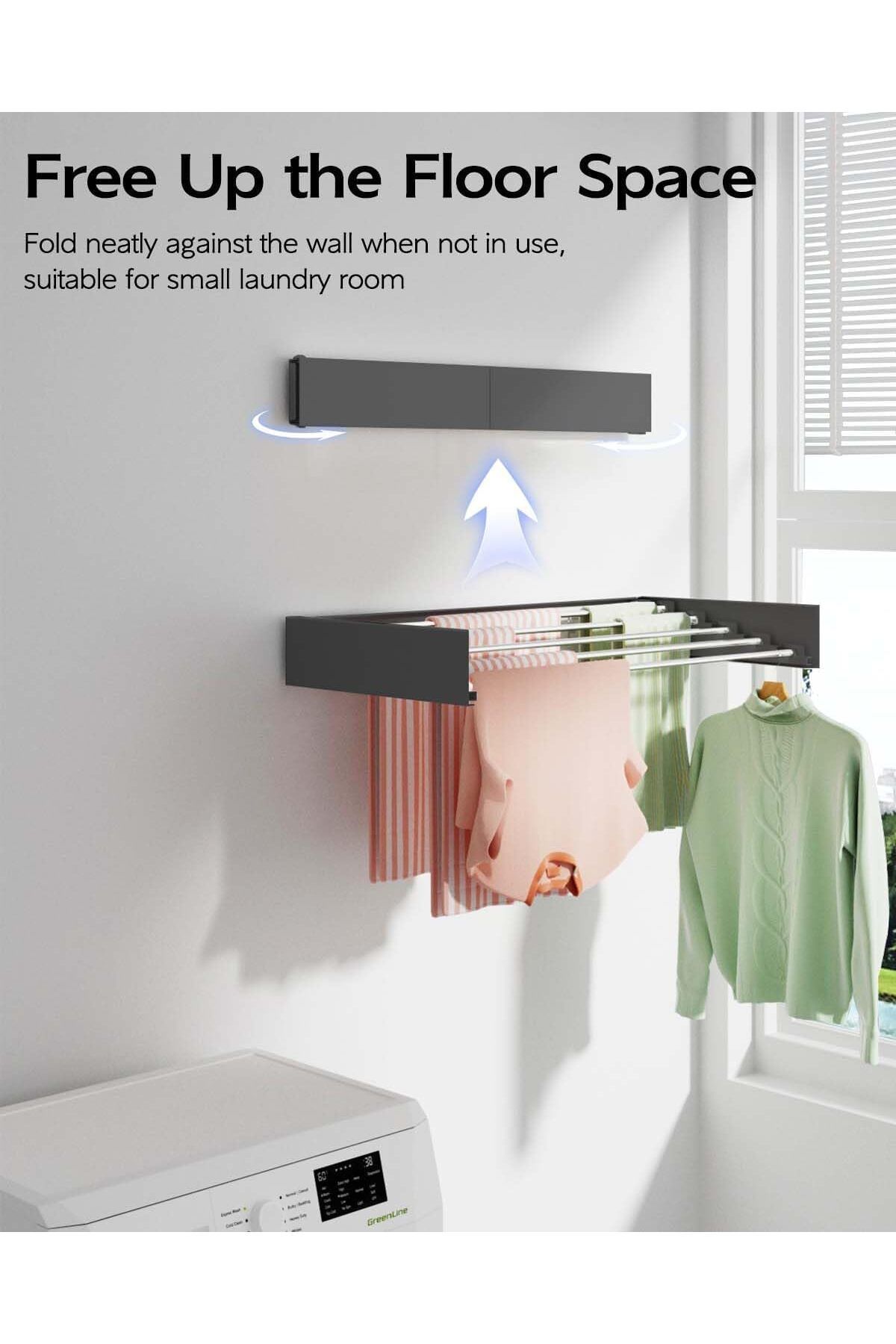 Arabest-Wall Mounted Clothes Drying Rack, Foldable Wall Mount Laundry Drying Rack Folding Indoor 5 Rods 80cm 2