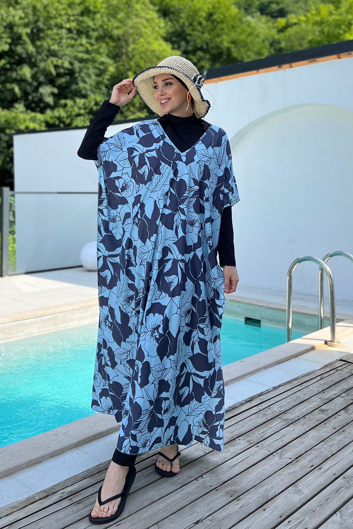 Remsa Mayo-Blue Patterned Single Kaftan Pareo - Remsa Hijab Swimsuit 430-316 2