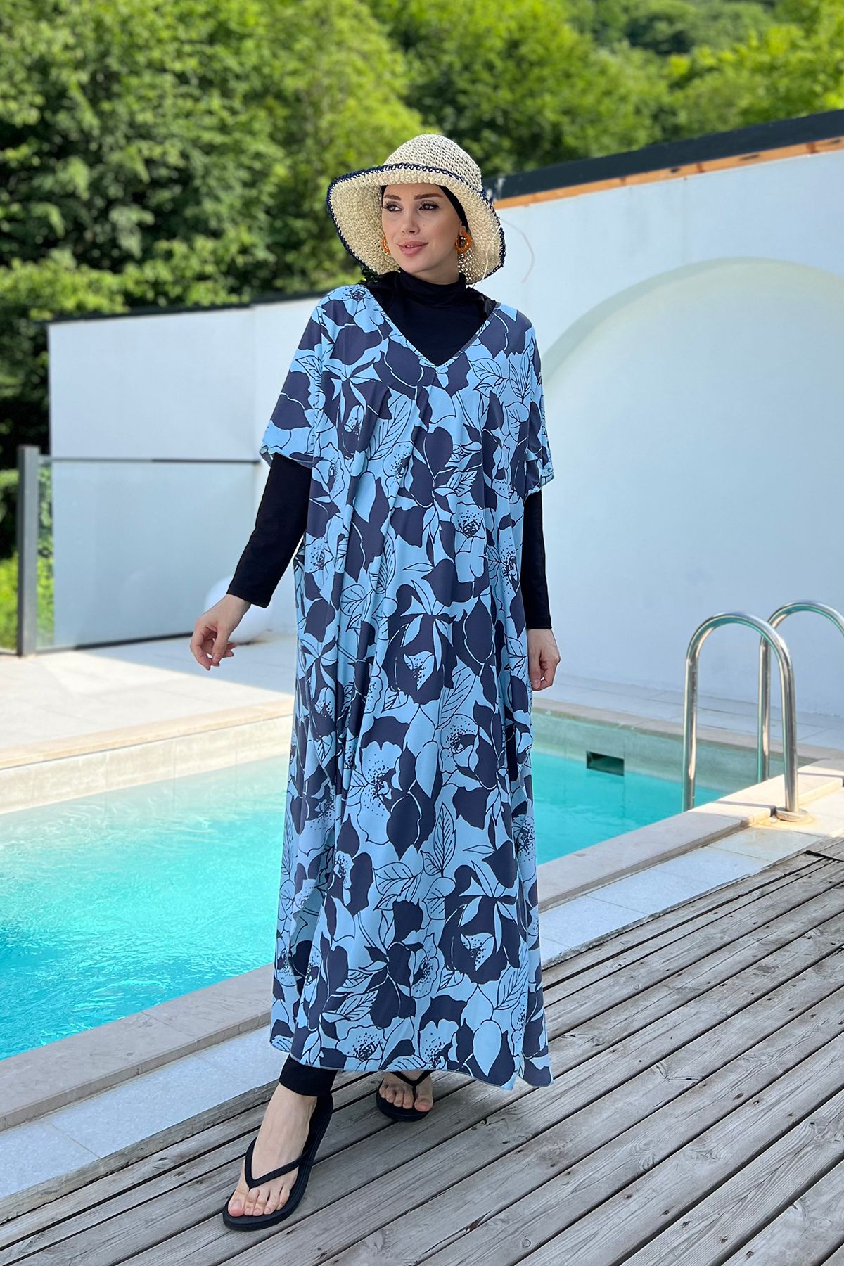 Remsa Mayo-Blue Patterned Single Kaftan Pareo - Remsa Hijab Swimsuit 430-316 3