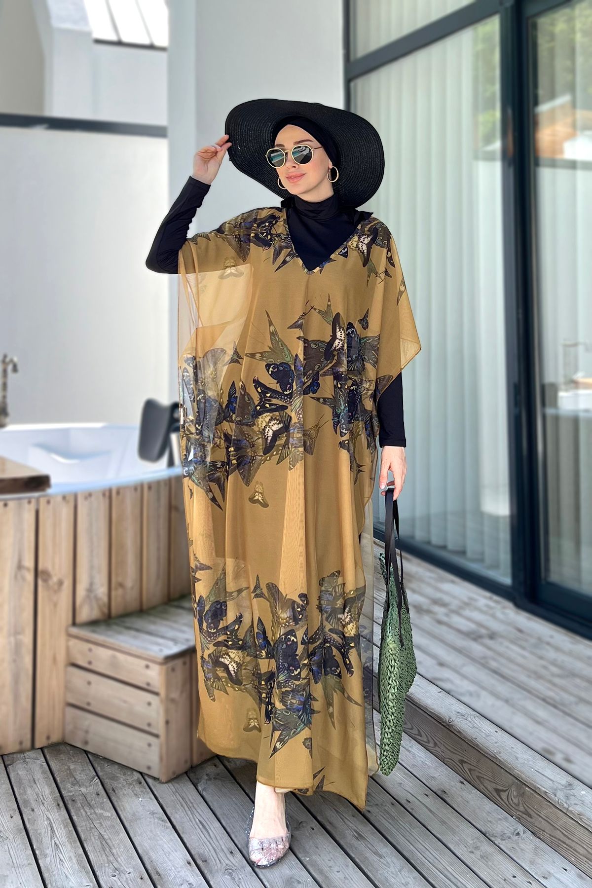 Remsa Mayo-Butterfly Patterned Hijab Pareo - Single Caftan, 430-310 Model 2