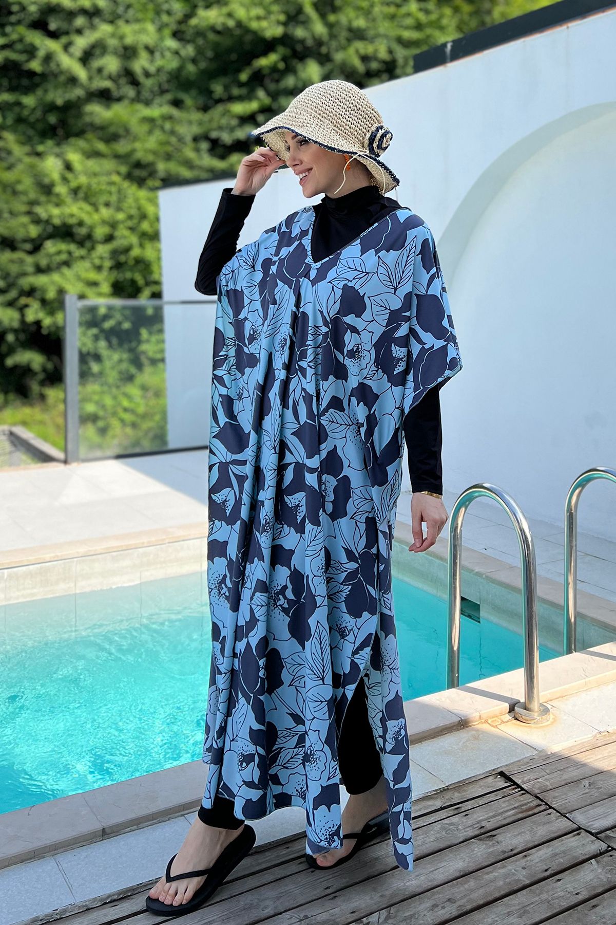 Remsa Mayo-Blue Patterned Single Kaftan Pareo - Remsa Hijab Swimsuit 430-316 7