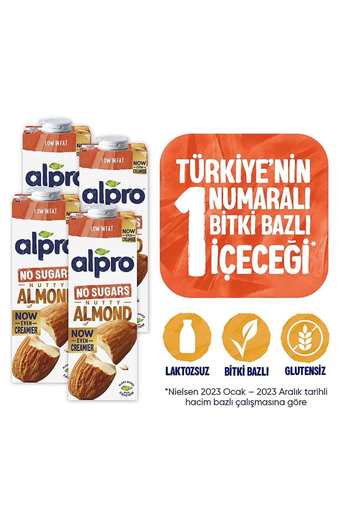 Alpro Şekersiz Badem Sütü 4x1 Lt Mega Avantajlı Paket