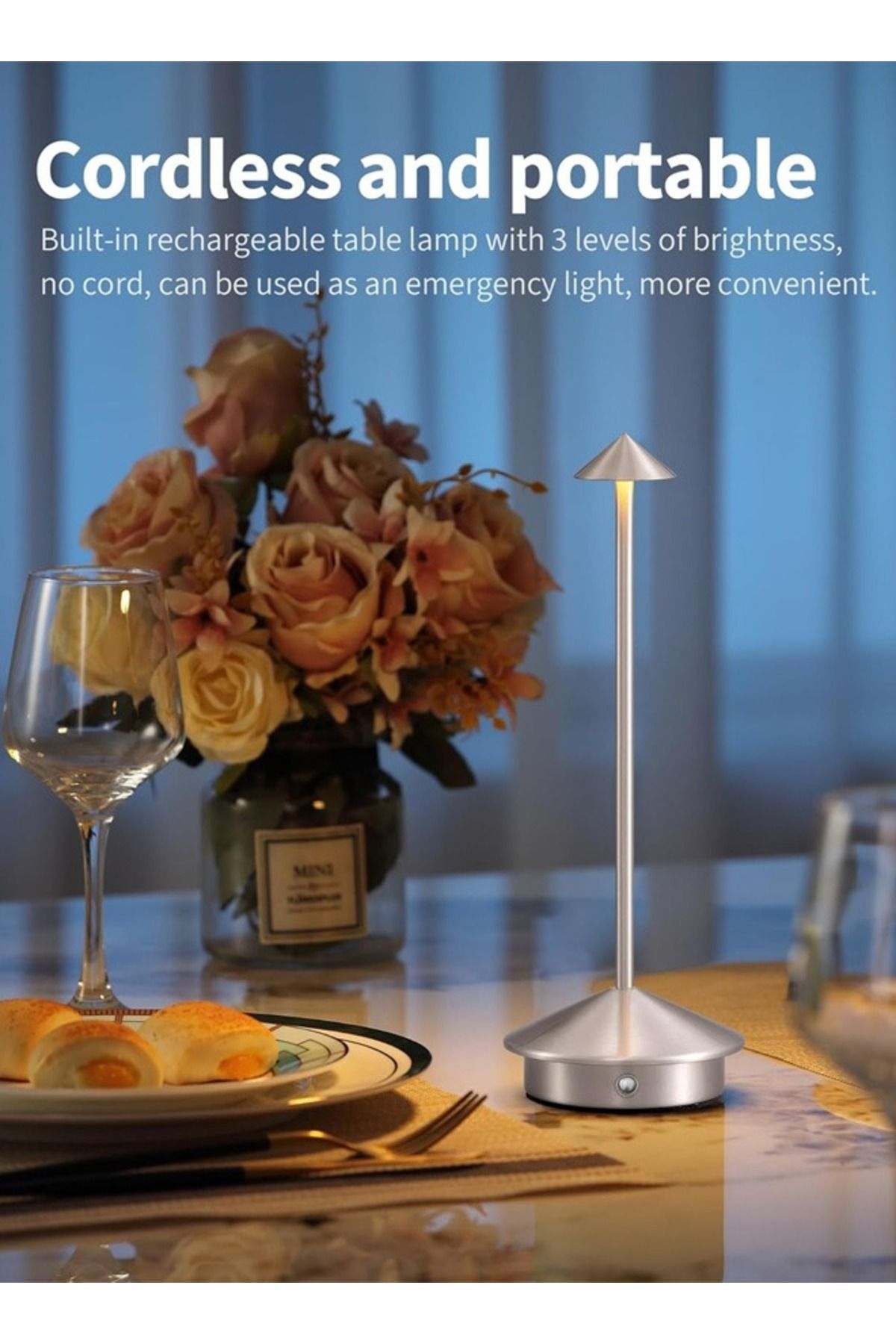 Taimi-Wireless Touch Dimmable Table Lamp, Rechargeable 1500mAh, 3-Color LED, Silver 4