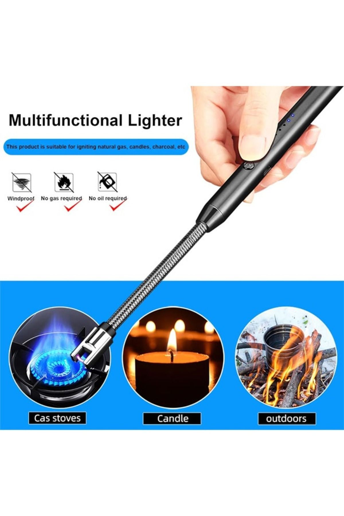 Taimi-ولاعة شموع كهربائية قابلة لإعادة الشحن بمنفذ USB Type-C مع مصباح LED طويل الرقبة، أسود 4