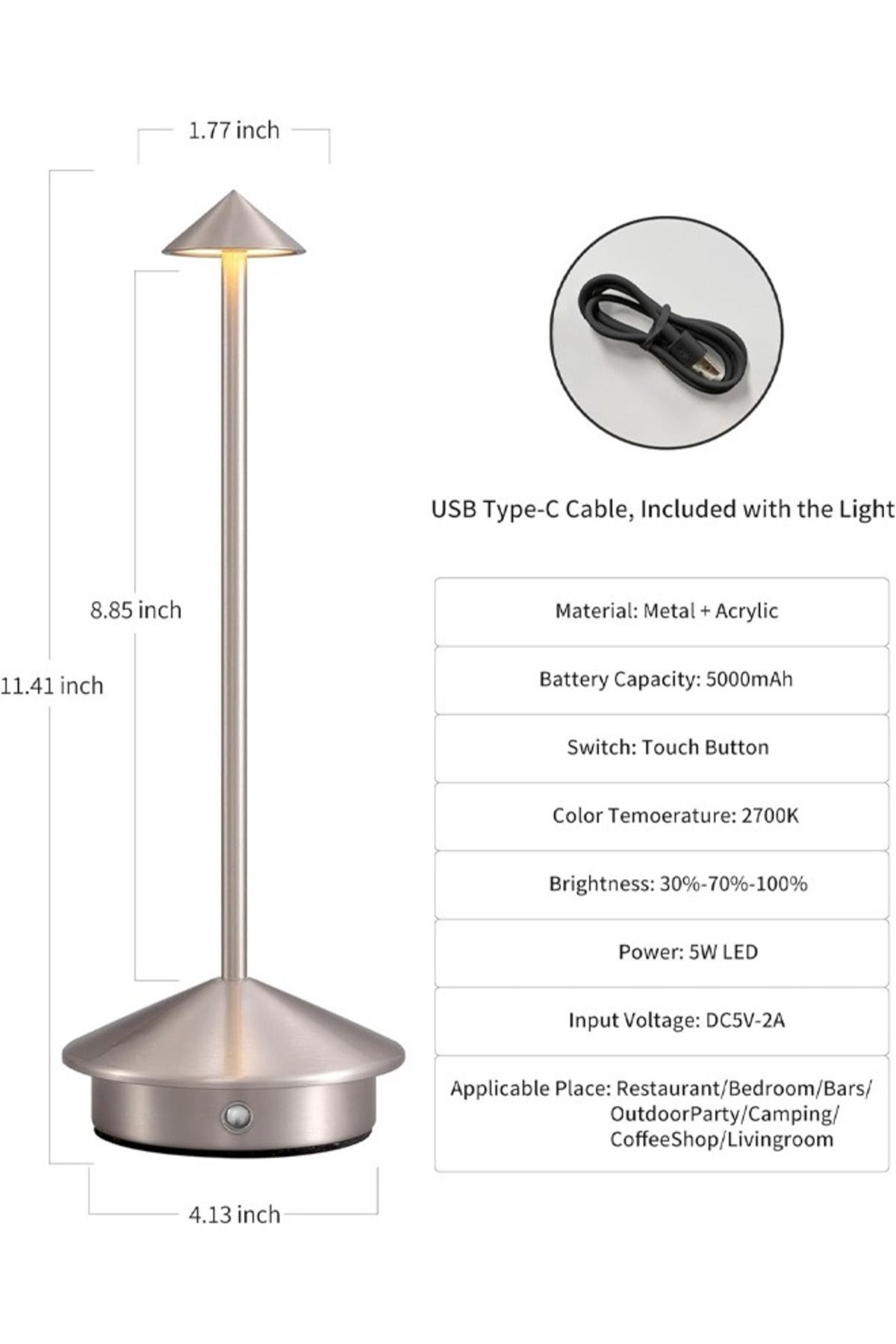 Taimi-Wireless Touch Dimmable Table Lamp, Rechargeable 1500mAh, 3-Color LED, Silver 5