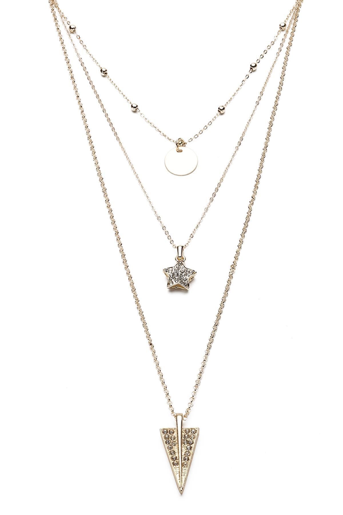 Modex-Gold Triple Necklace with Gold Color Stone Triangle Geometric Shape 4