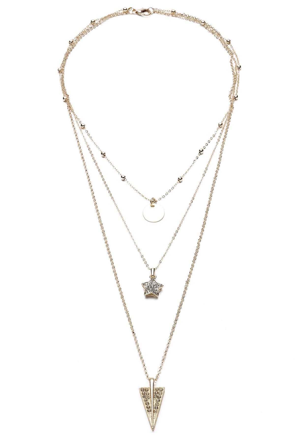 Modex-Gold Triple Necklace with Gold Color Stone Triangle Geometric Shape 3