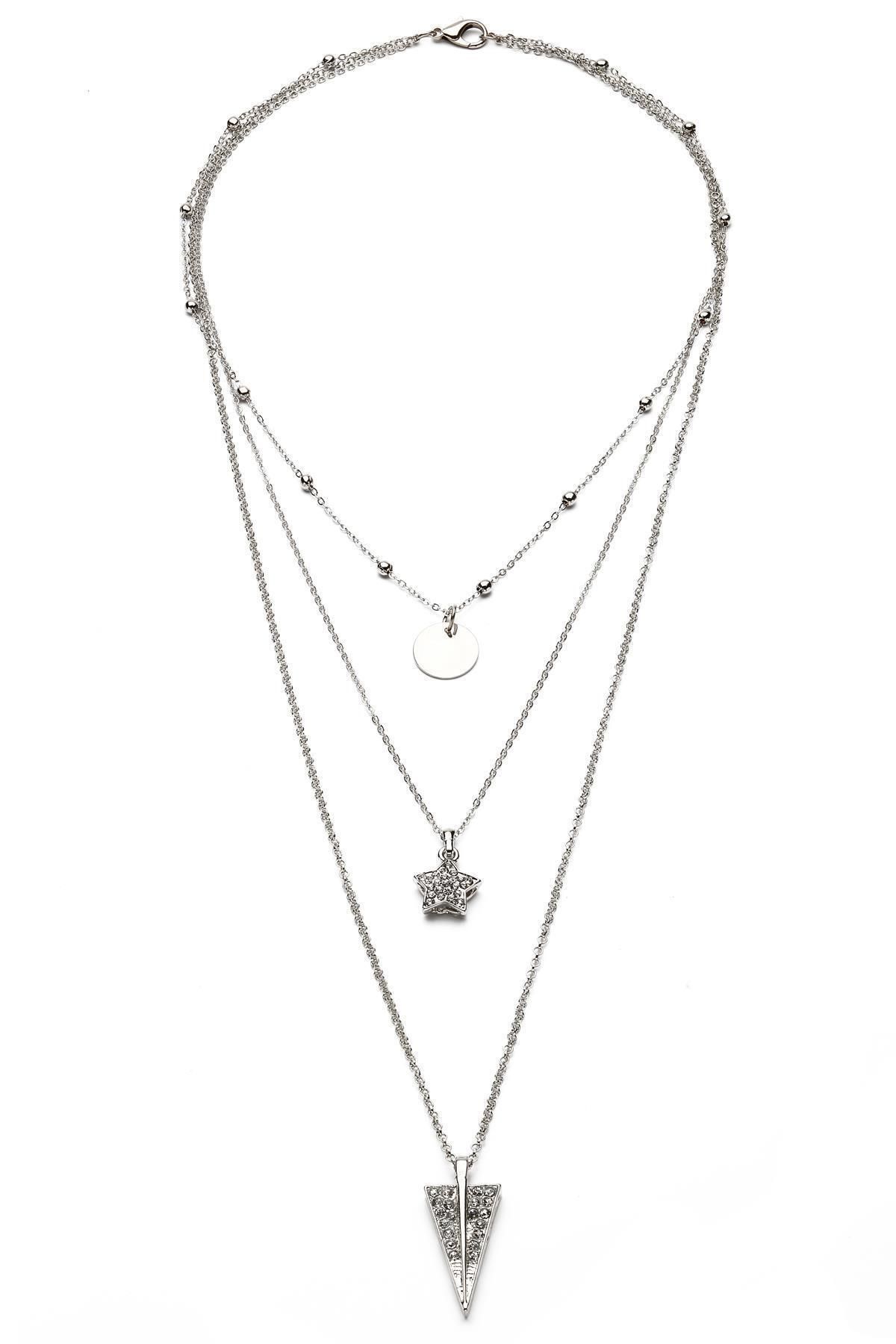 Modex-Geometric Triangle Shaped Triple Necklace with Silver Color Stones 3