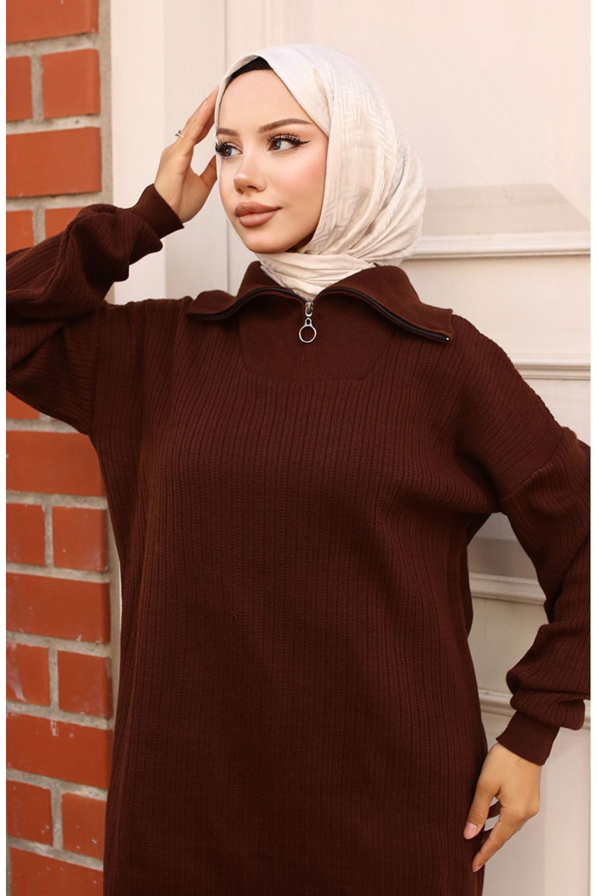 sefamerve-Ribbed Knitwear Set with Zippered Collar 11036-05 Brown 3