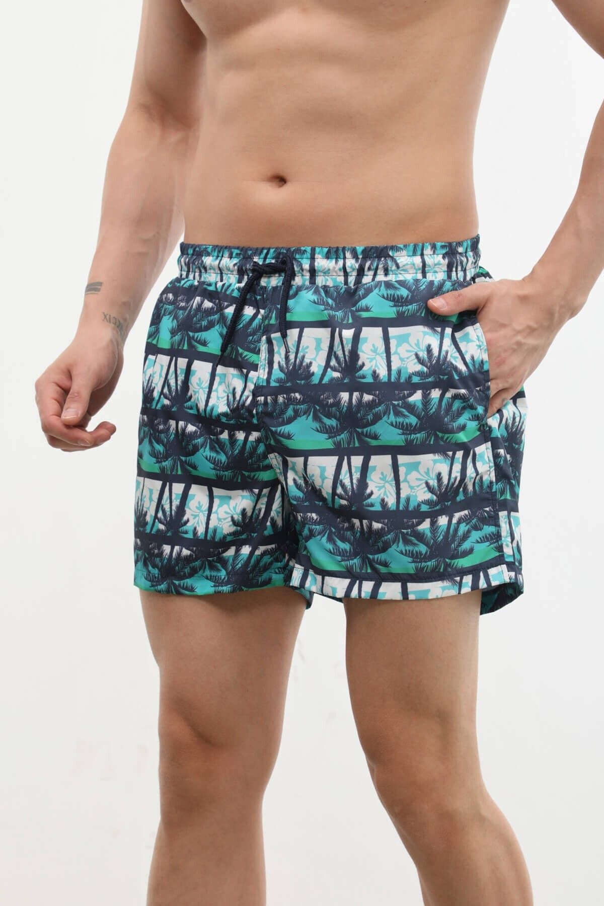 MARKAPIA-Modern Palm Tree Patterned Men's Swim Shorts - Pockets and Mesh 5