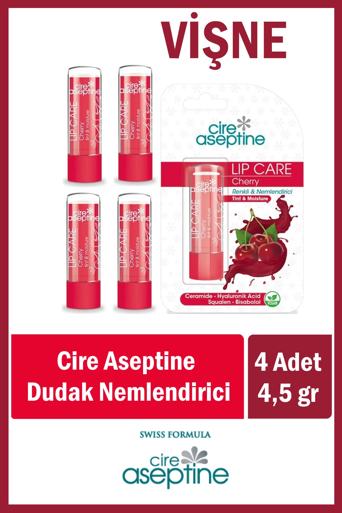 CIRE ASEPTINE Lip Care Cherry (Vişne) Renkli Dudak Nemlendirici 4,5 G x 4 Adet