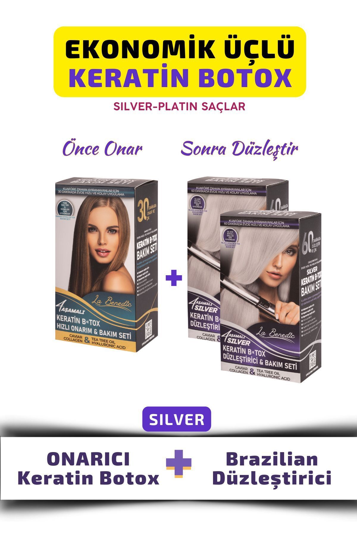 La Benedic EKONOMİK 3'LÜ SILVER KERATİN BOTOX ONARICI VE DÜZLEŞTİRİCİ FULL SET (SILVER VE AÇIK SARI RENKLİ SAÇ