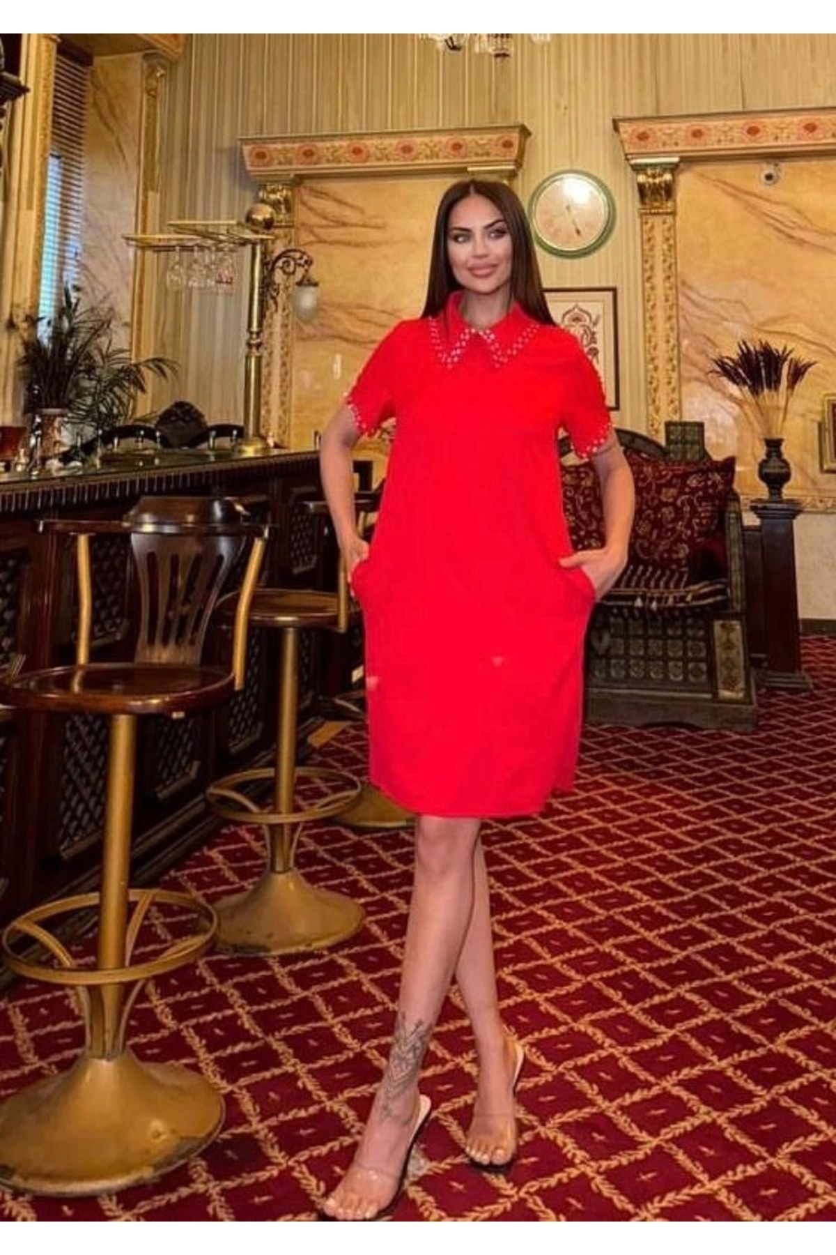 Selence-Red Dress with Stone Embroidered Collar and Sleeve DeTail 4