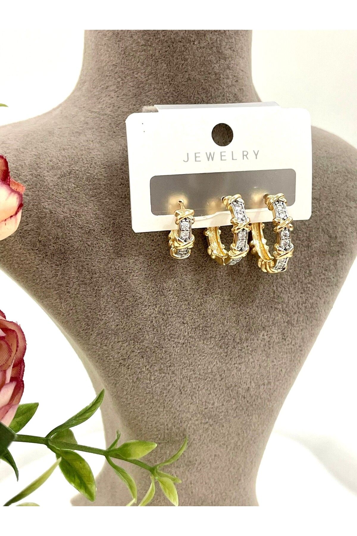 JEWELRY-Steel Gold 3-Piece Zircon Stone Tiff Earrings Set 5