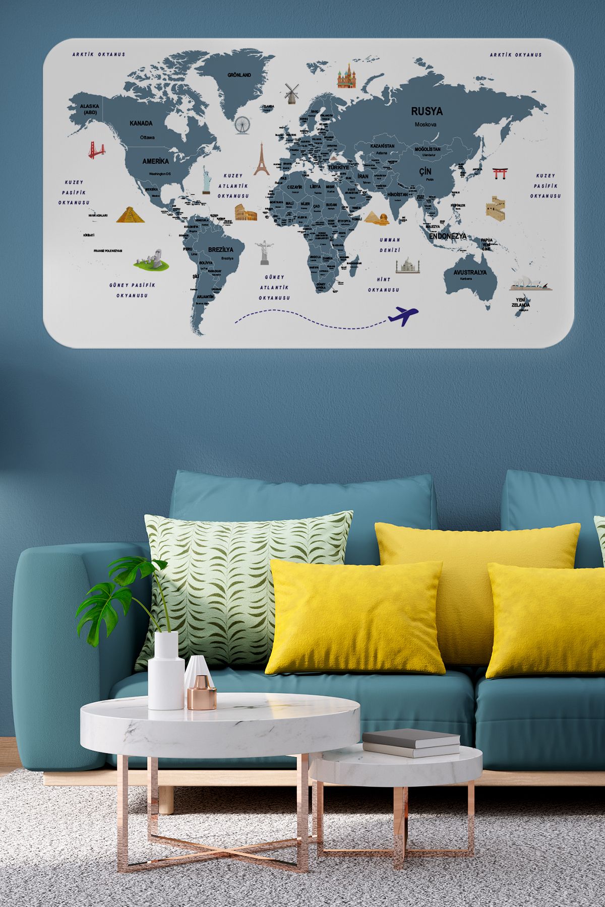 Haye Collection Türkçe Eğitici Ülke ve Başkent Detaylı Atlası Dünya Haritası Duvar Sticker -60x105-3832